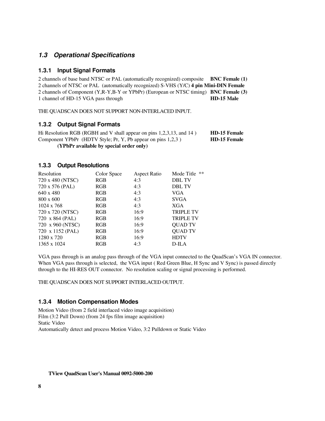 FOCUS Enhancements TView Quad Scan Manual Operational Specifications, Input Signal Formats, Output Signal Formats 