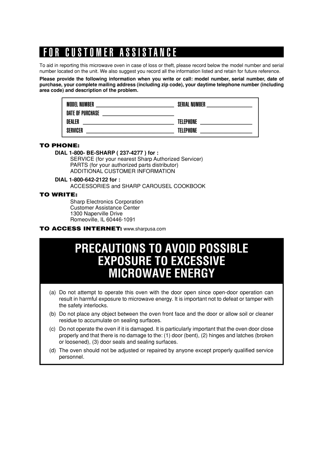 Food Quality Sensor R-320H operation manual R C U S T O M E R a S S I S T a N C E, Model Number Serial Number 