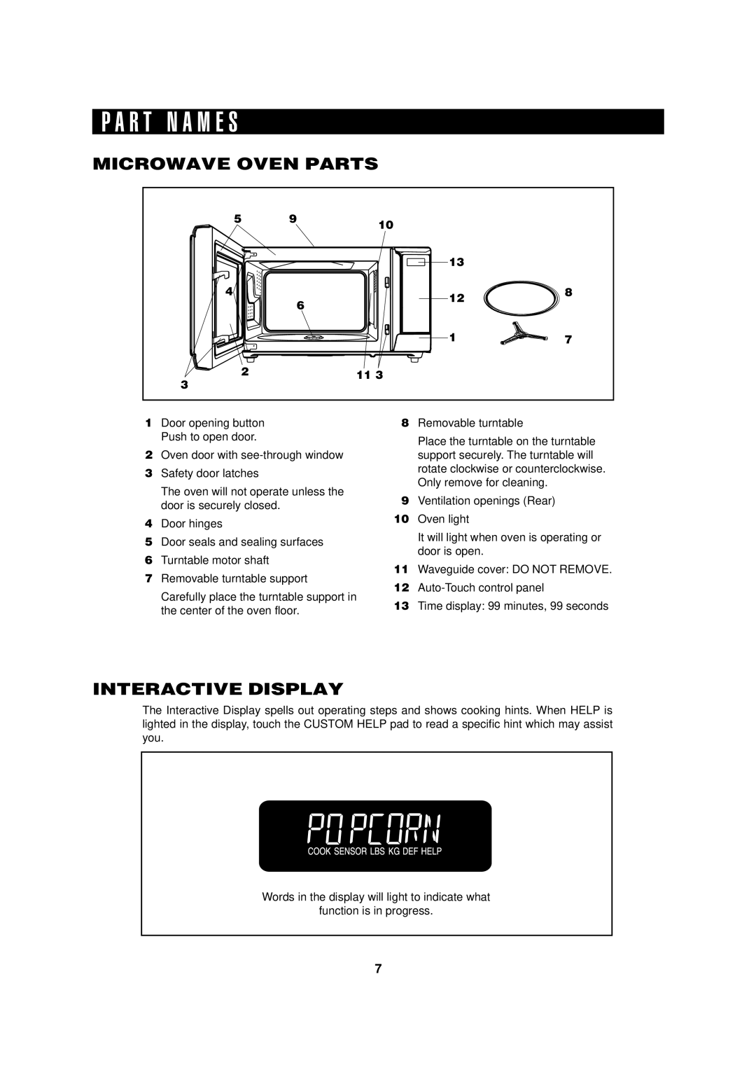 Food Quality Sensor R-320H operation manual R T N a M E S, Microwave Oven Parts, Interactive Display 