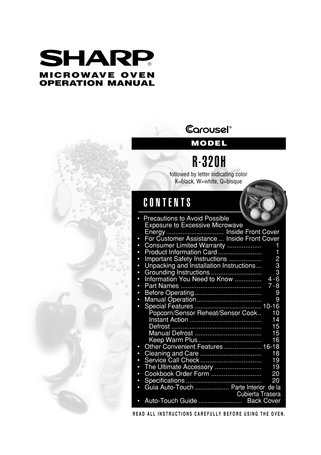 Food Quality Sensor R-320H operation manual C O N T E N T S, R - 3 2 0 H, Microwave Oven Operation Manual, Model 