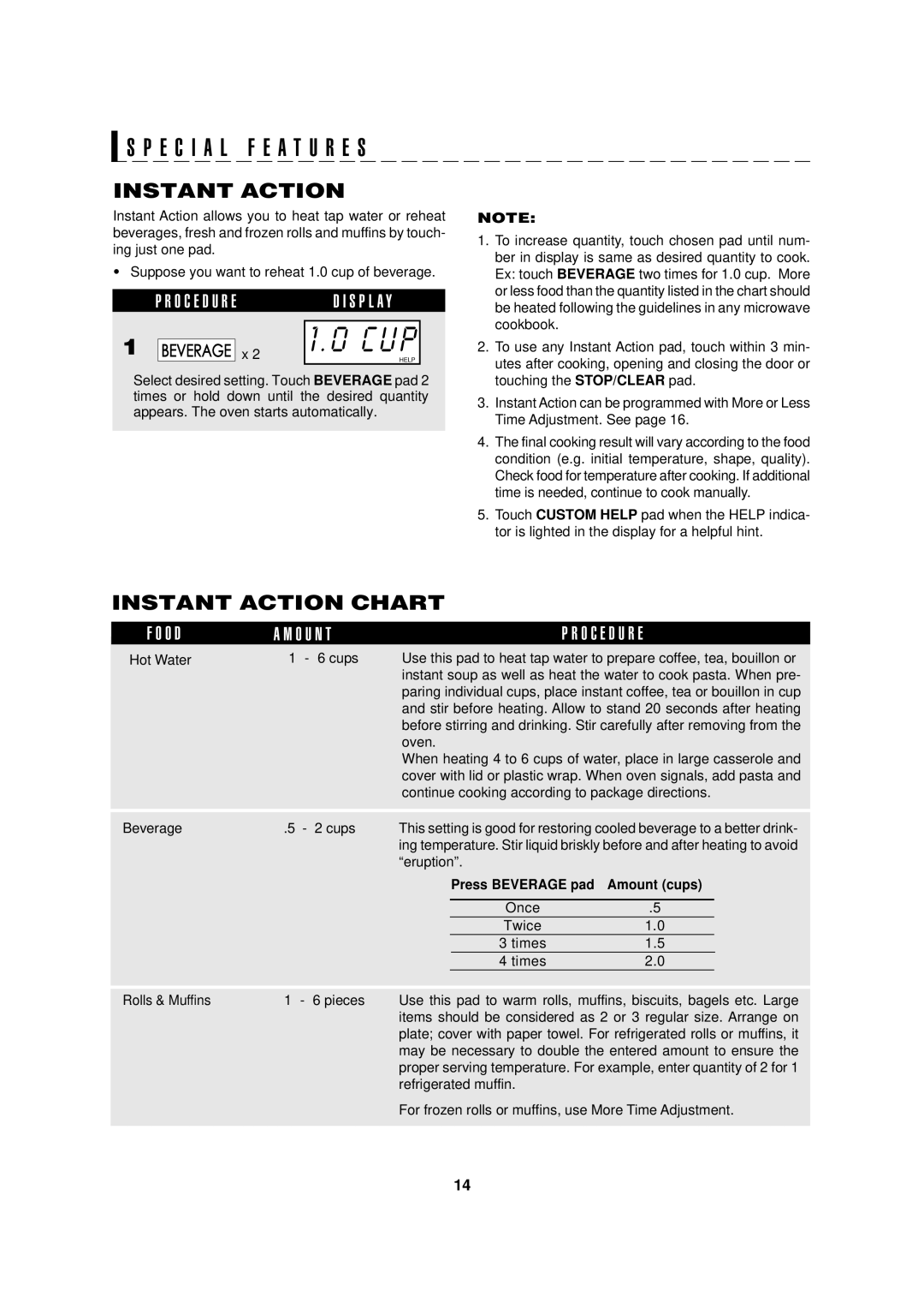 Food Quality Sensor R-320H Instant Action Chart, S P E C I A L F E A T U R E S, 1 . 0 C U P, P R O C E D U R E 