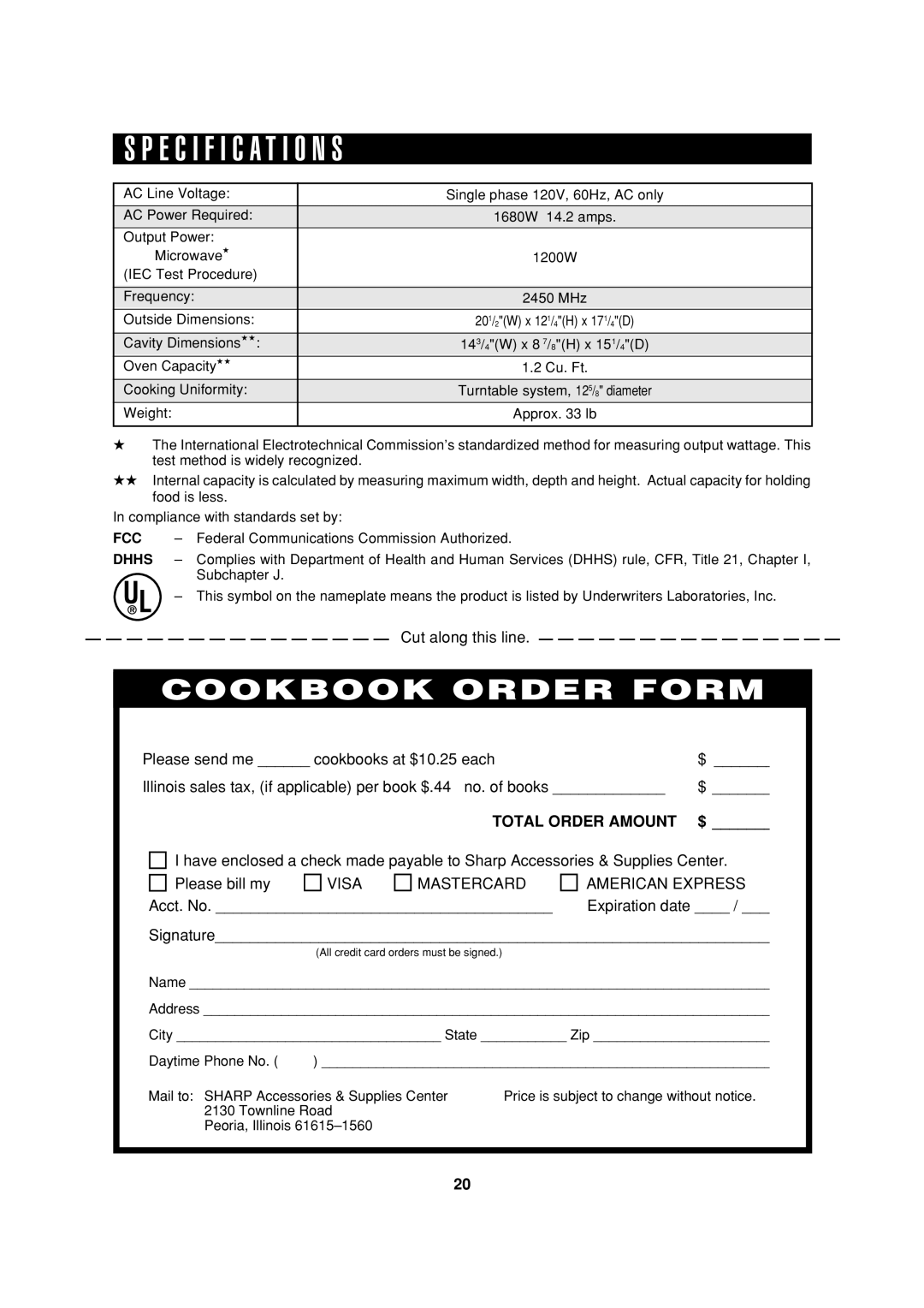 Food Quality Sensor R-320H operation manual S P E C I F I C A T I O N S, Cookbook Order Form, Total Order Amount 