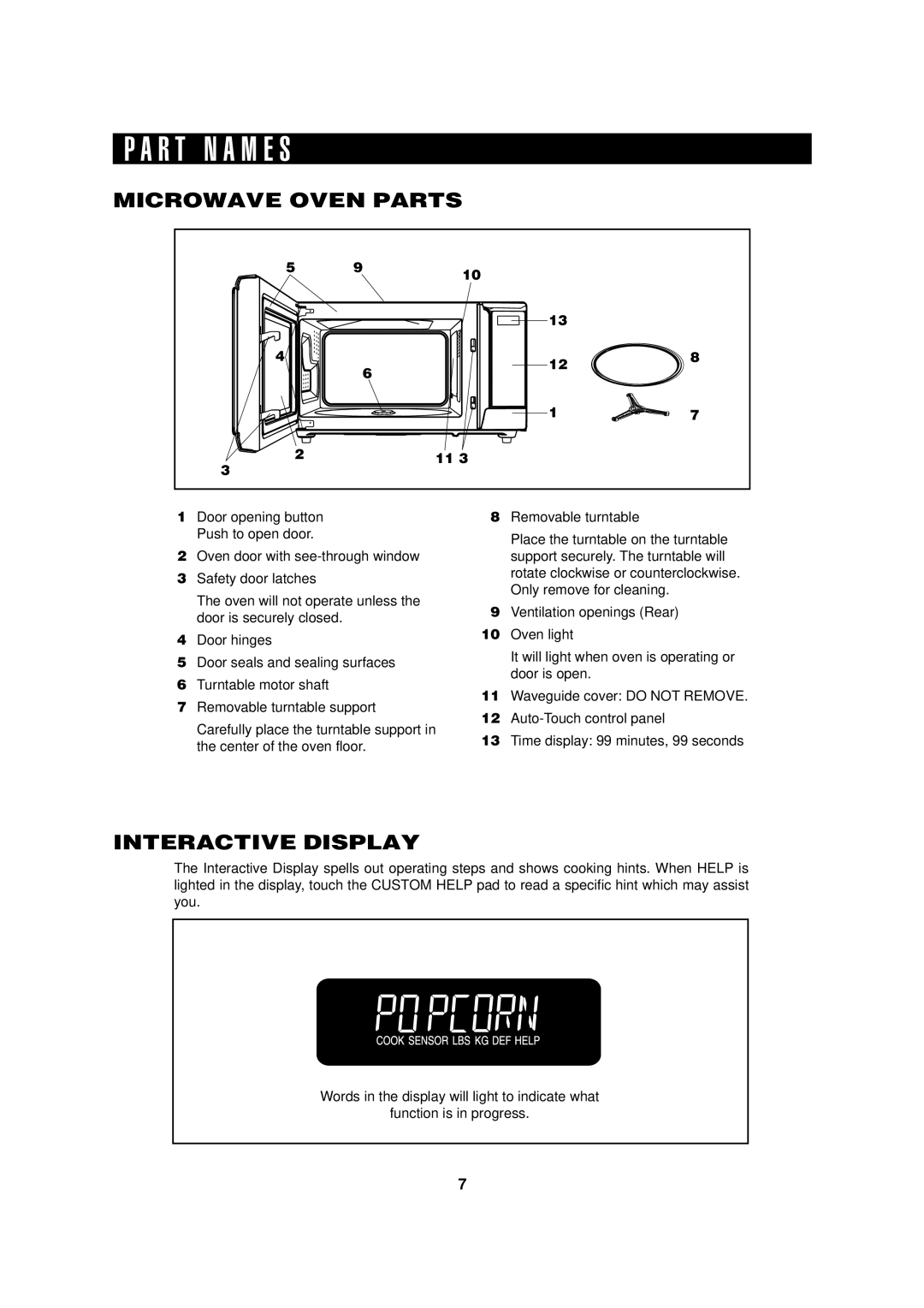 Food Quality Sensor R-320H operation manual P A R T N A M E S, Microwave Oven Parts, Interactive Display 