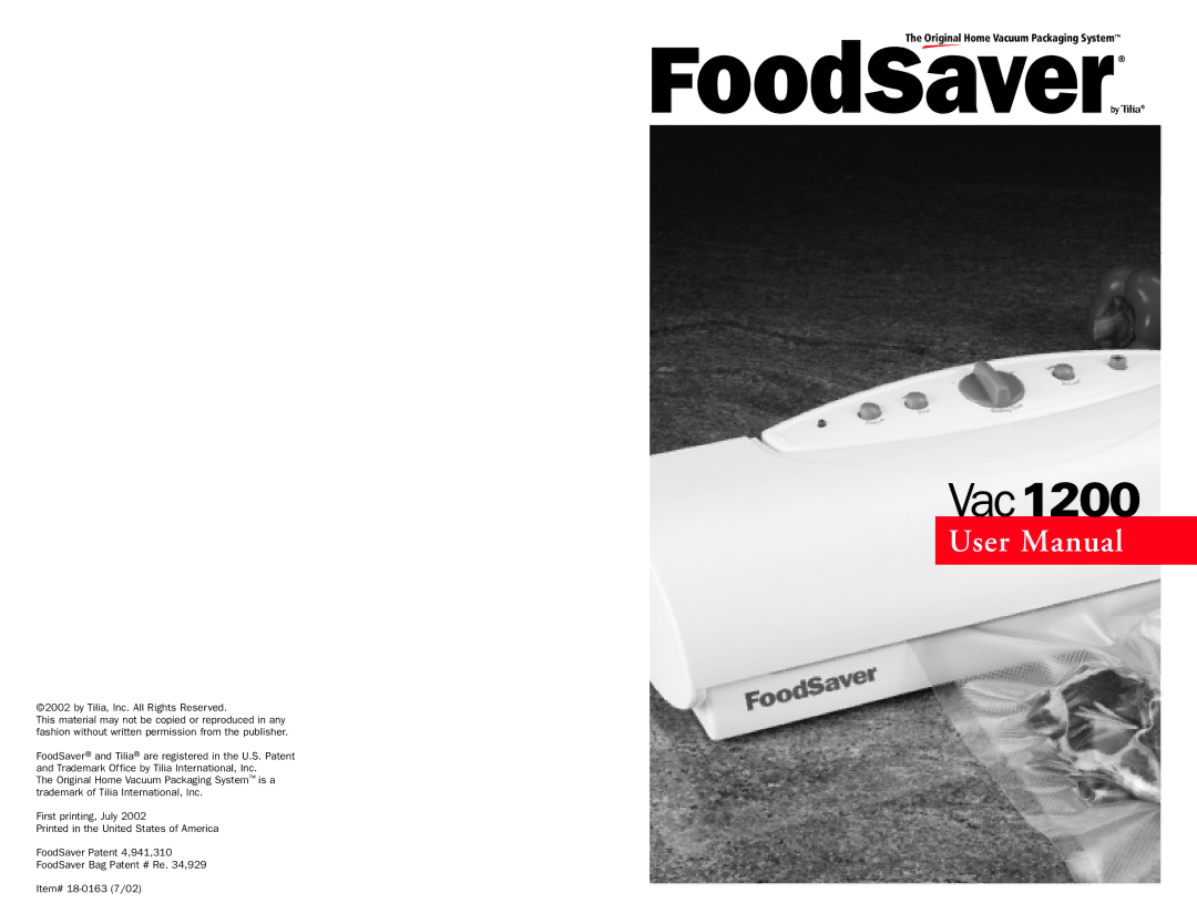 FoodSaver 18-0163 user manual Vac1200 