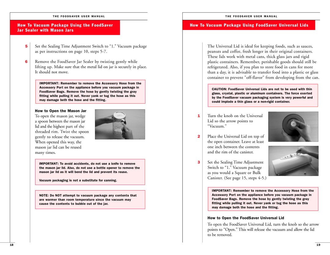 FoodSaver 18-0163 user manual How To Vacuum Package Using FoodSaver Universal Lids 