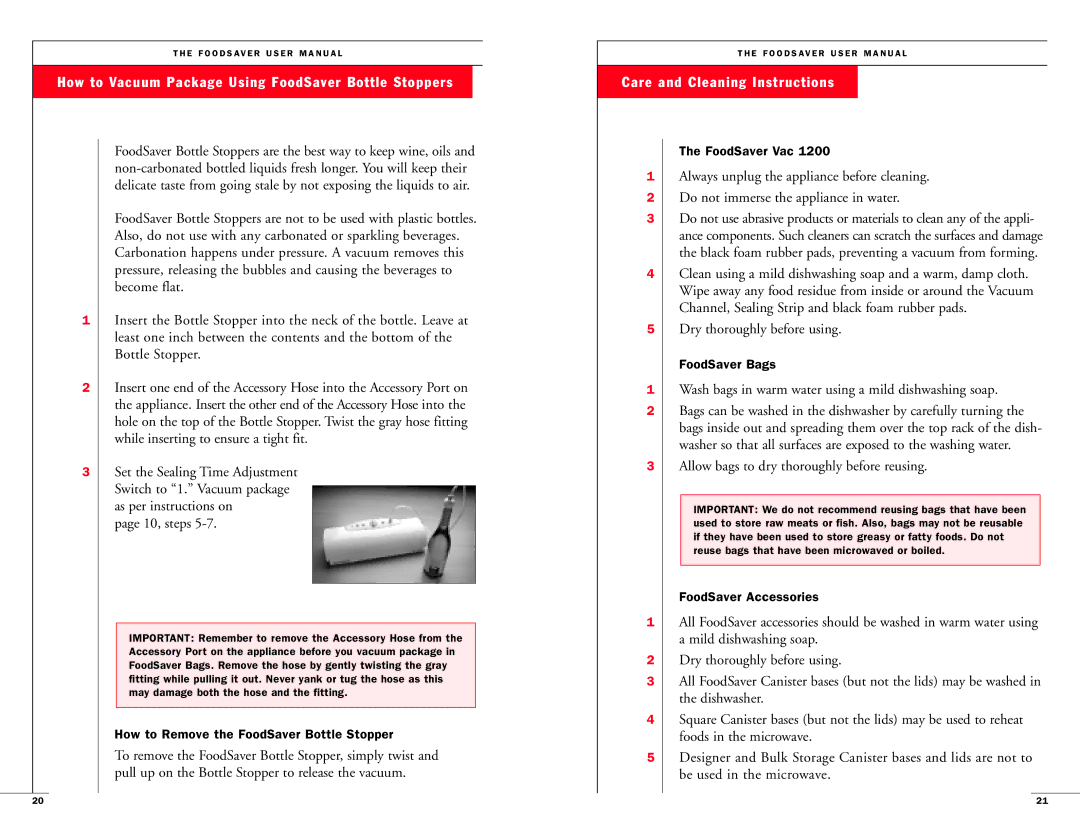 FoodSaver 18-0163 user manual How to Vacuum Package Using FoodSaver Bottle Stoppers, Care and Cleaning Instructions 