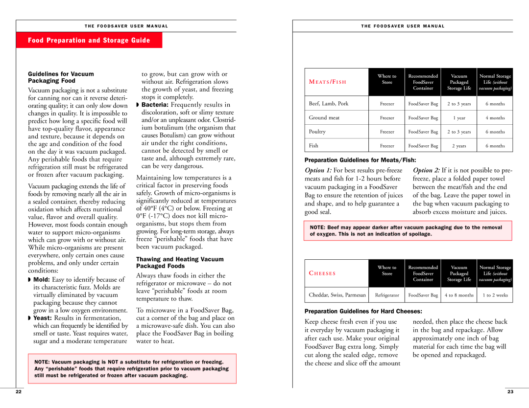 FoodSaver 18-0163 user manual Food Preparation and Storage Guide 