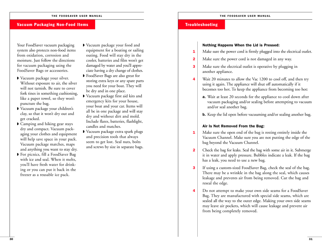 FoodSaver 18-0163 user manual Vacuum Packaging Non-Food Items, Troubleshooting 