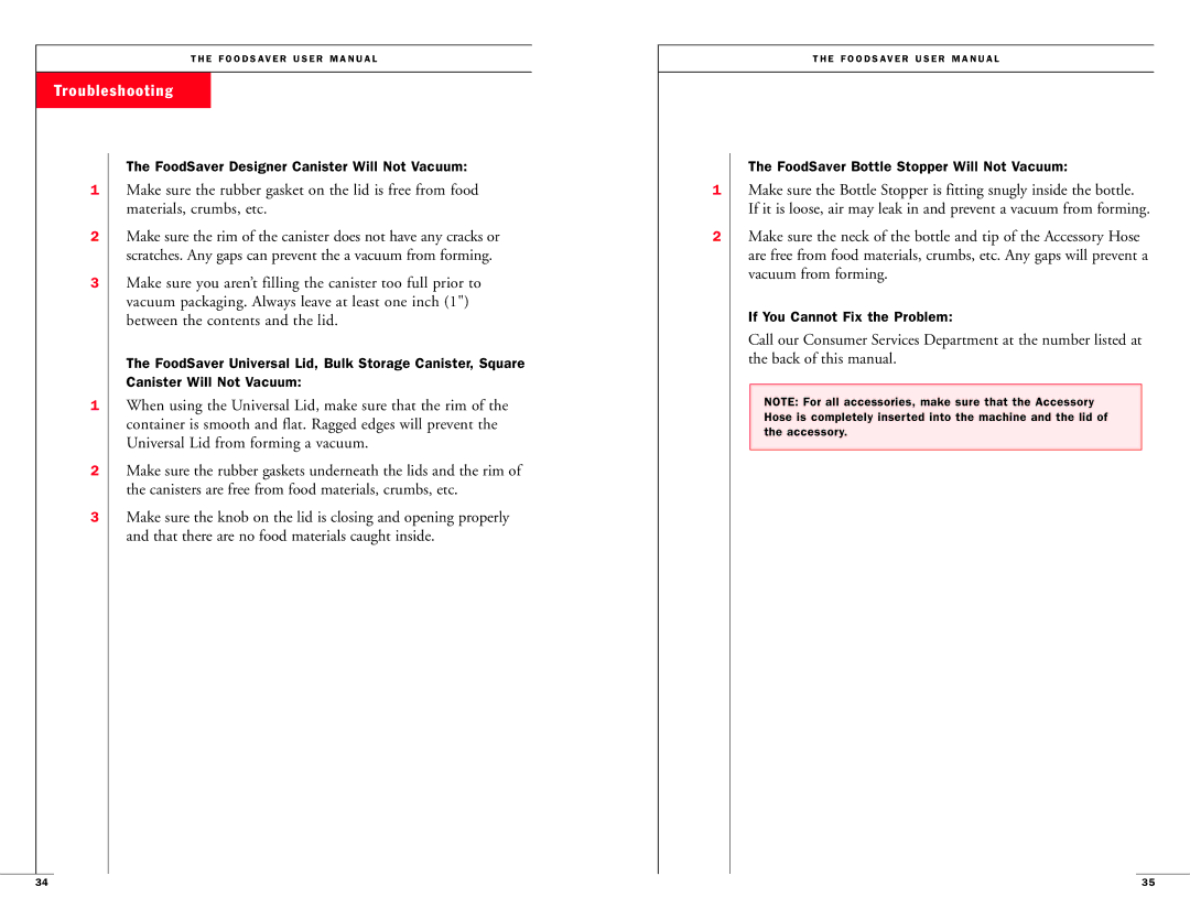 FoodSaver 18-0163 user manual FoodSaver Designer Canister Will Not Vacuum 