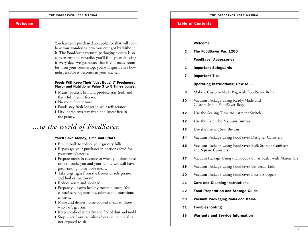 FoodSaver 18-0163 user manual Welcome, Table of Contents 