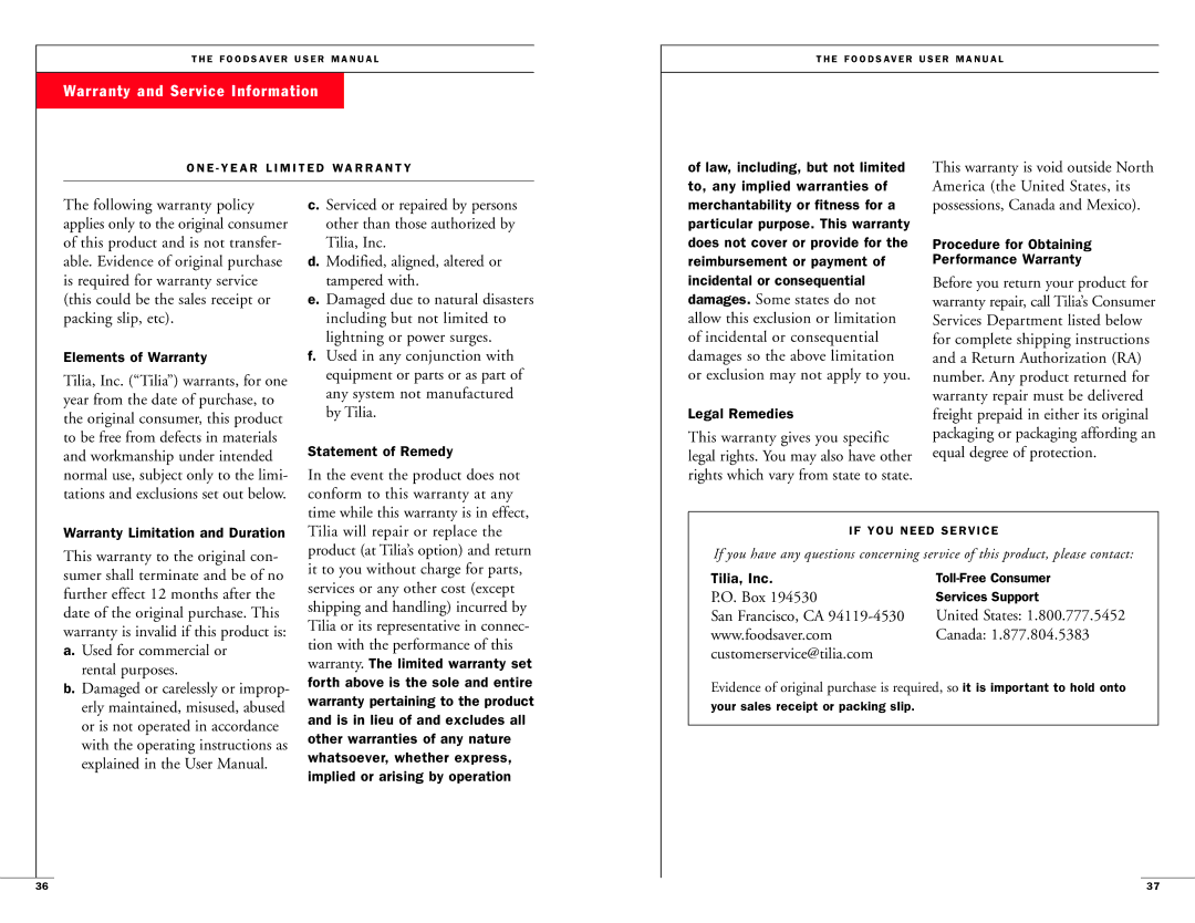 FoodSaver 18-0163 user manual Warranty and Service Information 