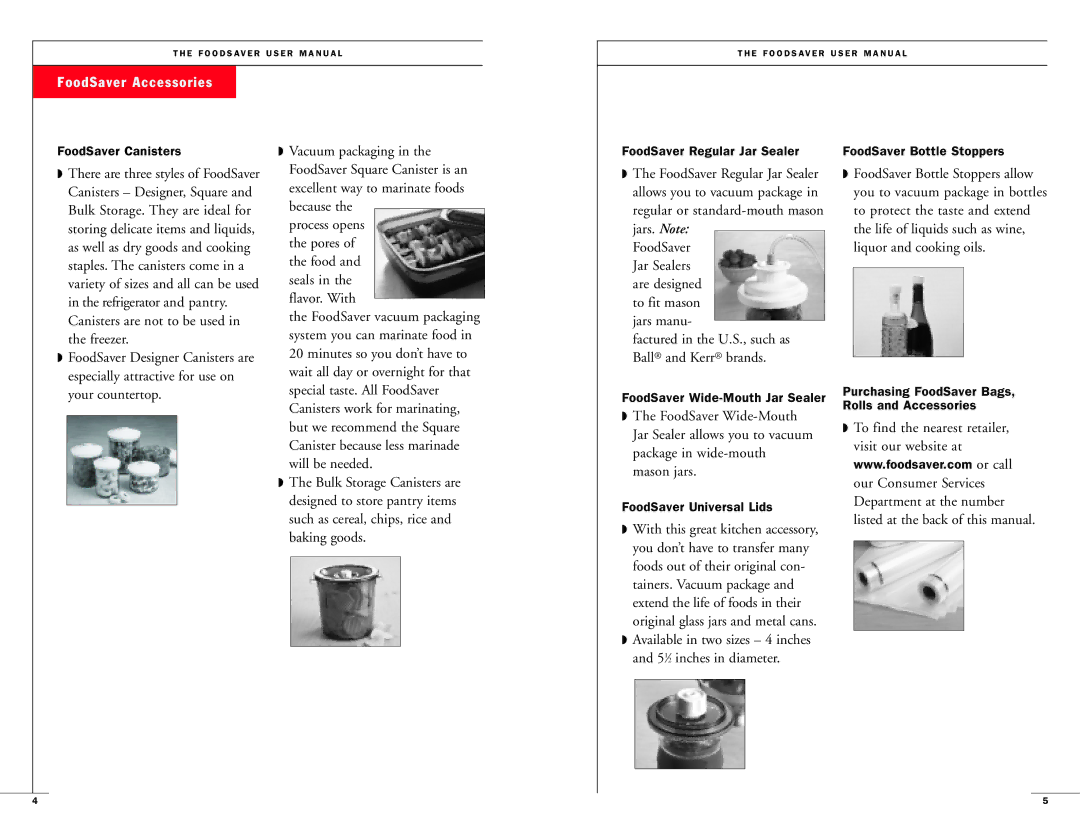 FoodSaver 18-0163 user manual FoodSaver Accessories 