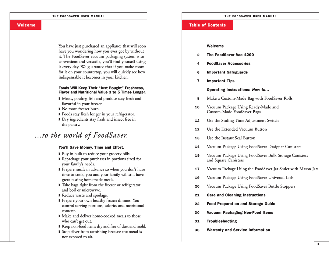 FoodSaver 18-0163 user manual Welcome, Table of Contents, to the world of FoodSaver 