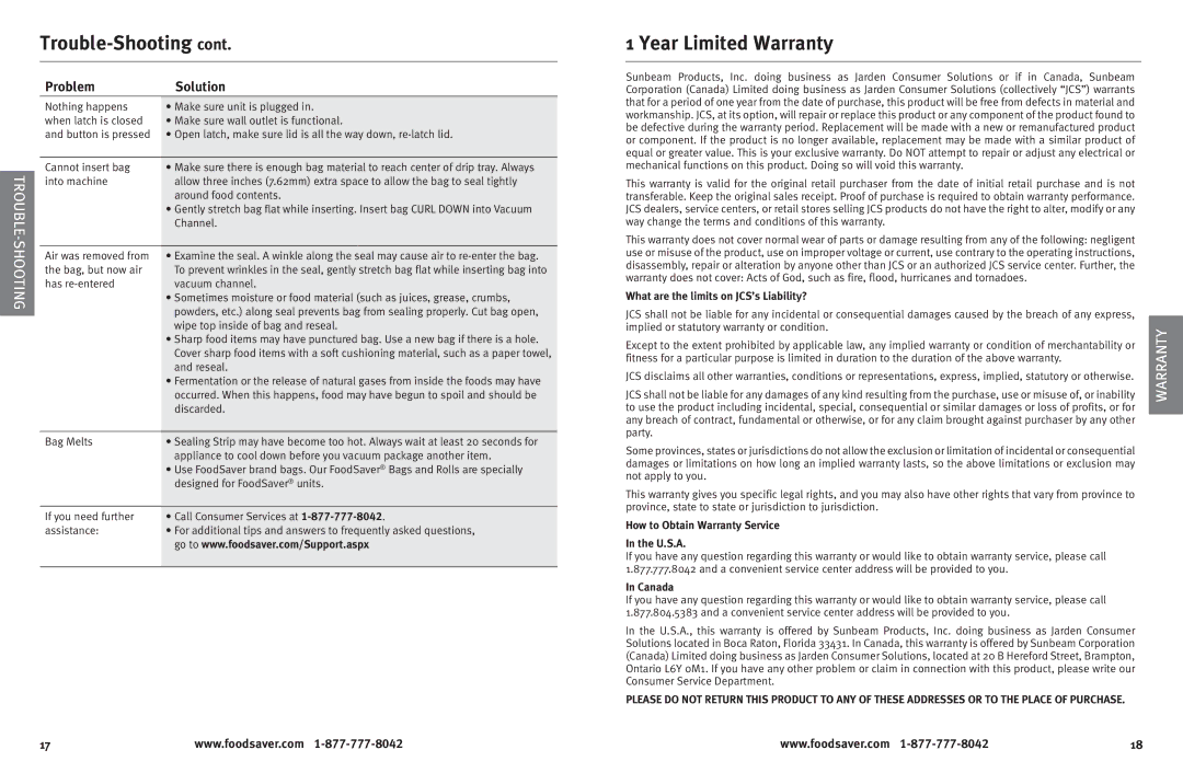 FoodSaver foodsaver vacuum sealing system user manual Year Limited Warranty, Rtuso ble, Hooting, Problem Solution 