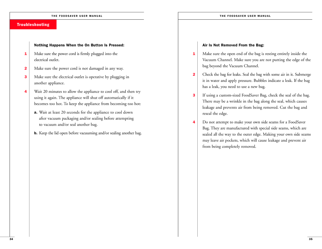 FoodSaver II Turbo, Professional II user manual Troubleshooting 