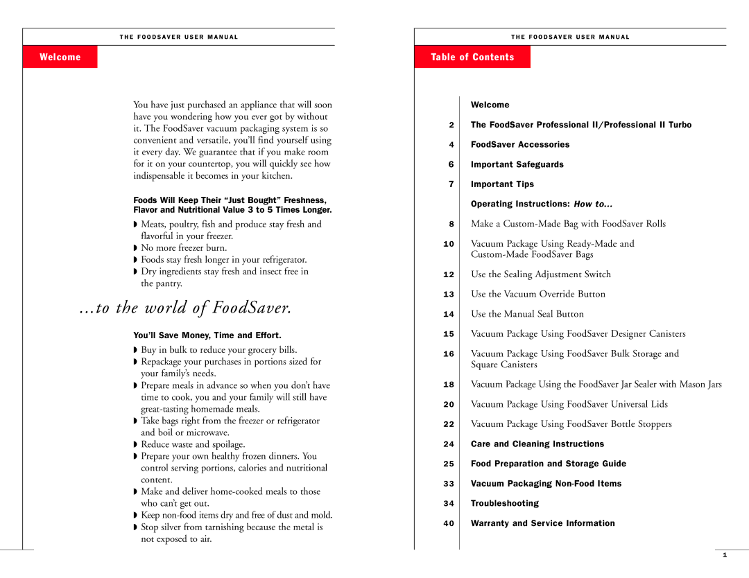 FoodSaver Professional II, II Turbo user manual Welcome, Table of Contents 