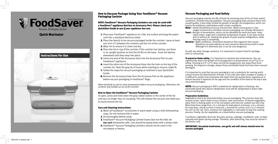 FoodSaver None quick start Vacuum Packaging and Food Safety, How to Open the FoodSaver Vacuum Packaging Canister 