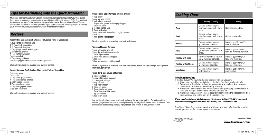 FoodSaver None quick start Recipes, Cooking Chart, Troubleshooting 