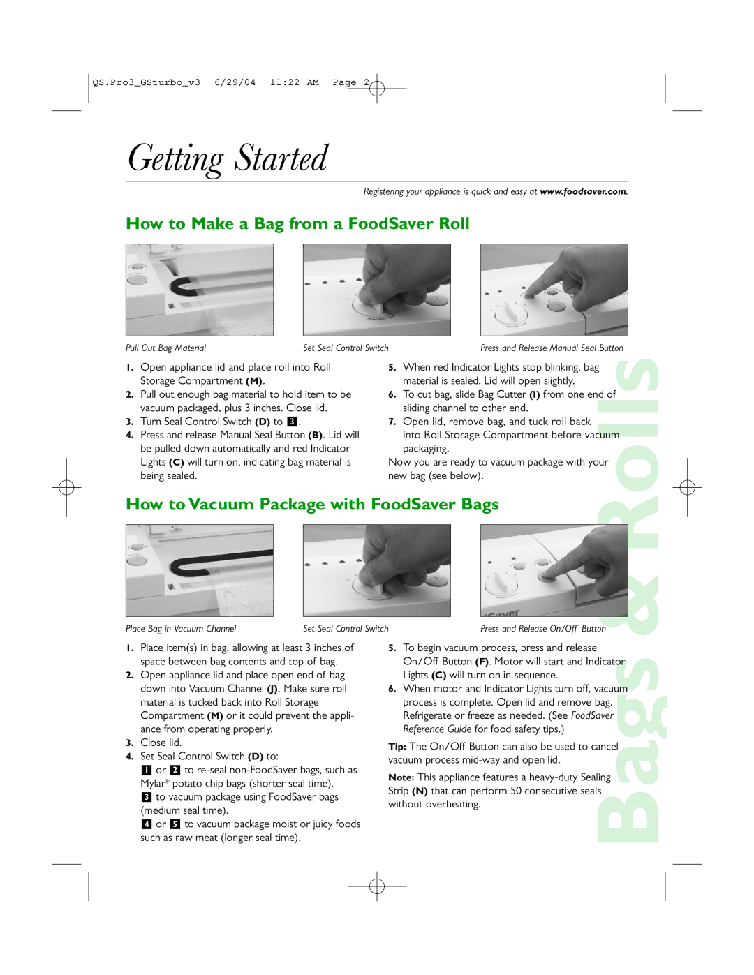 FoodSaver Professional III, GameSaver Turbo quick start Getting Started, How to Make a Bag from a FoodSaver Roll 