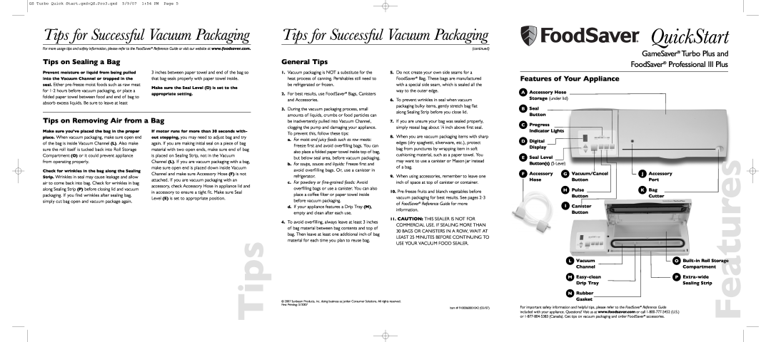 FoodSaver Turbo Plus quick start Tips for Successful Vacuum Packaging, Tips on Sealing a Bag, General Tips, QuickStart 