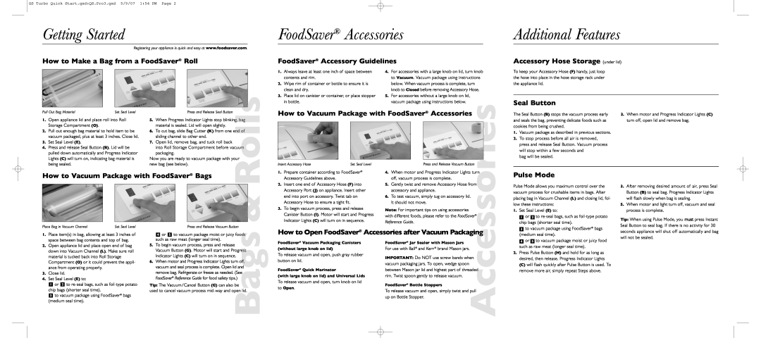 FoodSaver Professional III Plus Getting Started, FoodSaver Accessories, Additional Features, Seal Button, Pulse Mode 