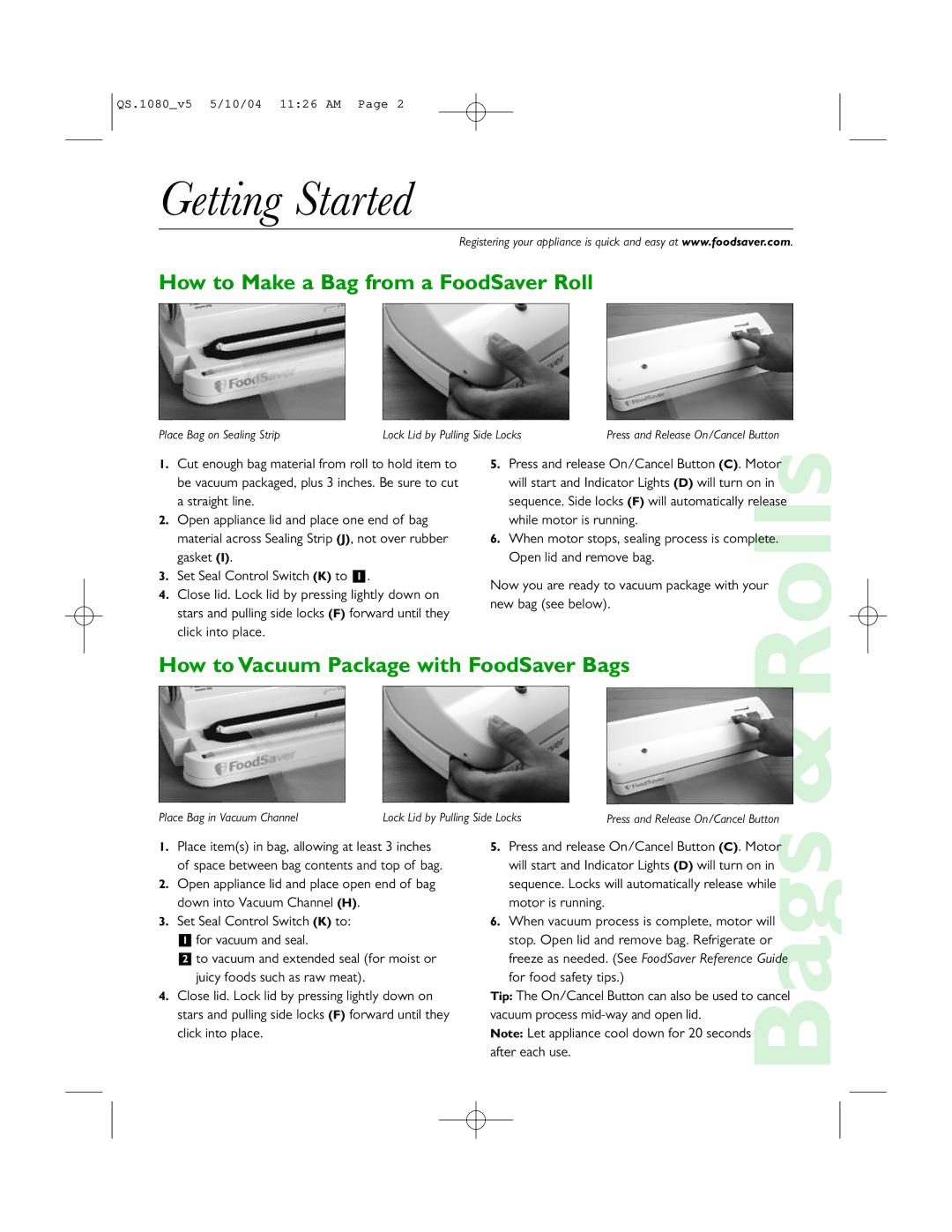 FoodSaver V1080 quick start Getting Started, How to Make a Bag from a FoodSaver Roll 