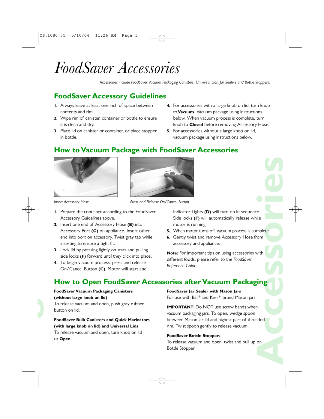 FoodSaver V1080 quick start FoodSaver Accessories, FoodSaver Accessory Guidelines 