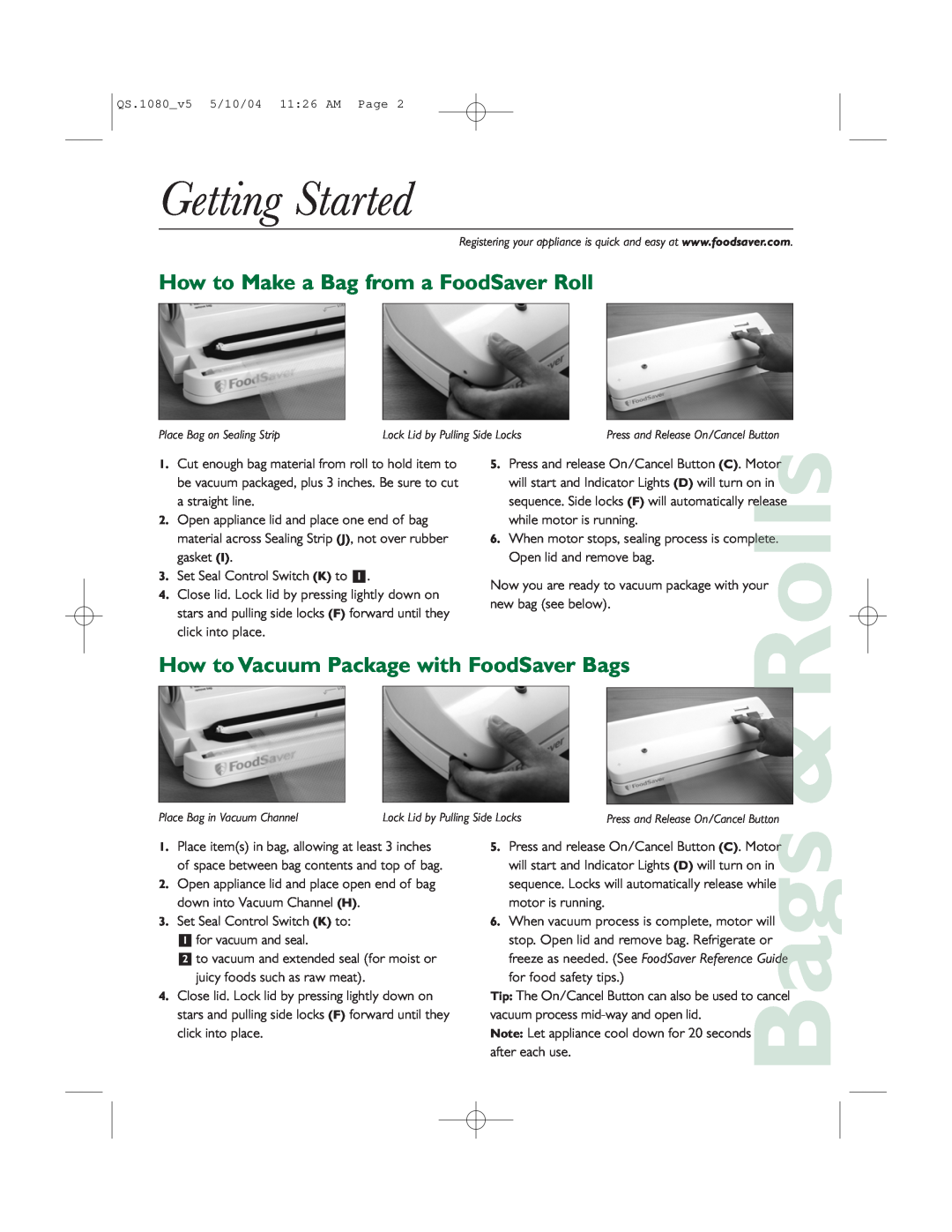 FoodSaver V1080 quick start Getting Started, How to Make a Bag from a FoodSaver Roll, Rolls 