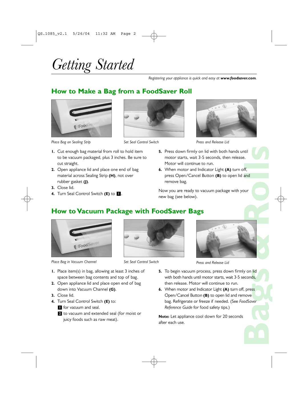 FoodSaver V1085 Getting Started, How to Make a Bag from a FoodSaver Roll, How to Vacuum Package with FoodSaver Bags 