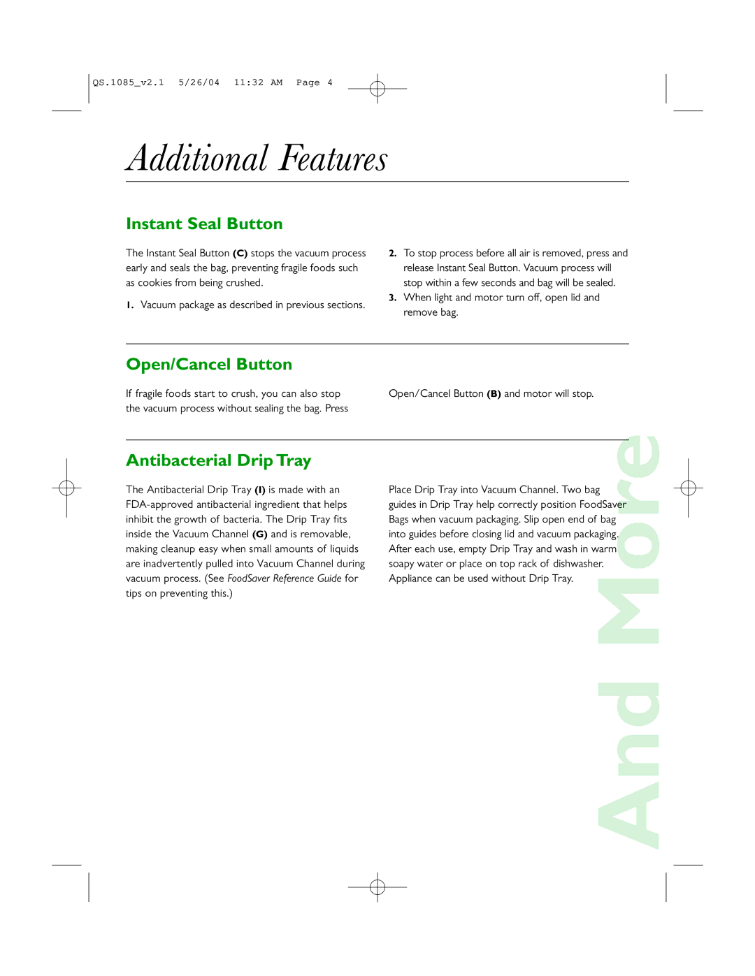 FoodSaver V1085 quick start Additional Features, Instant Seal Button, Open/Cancel Button, Antibacterial Drip Tray 