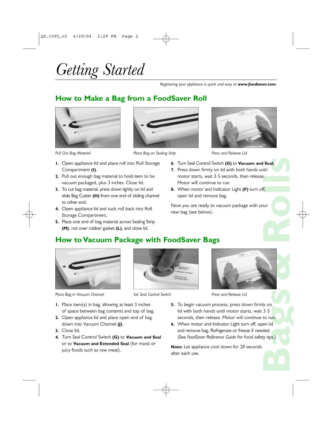 FoodSaver V1095 quick start Getting Started, How to Make a Bag from a FoodSaver Roll 