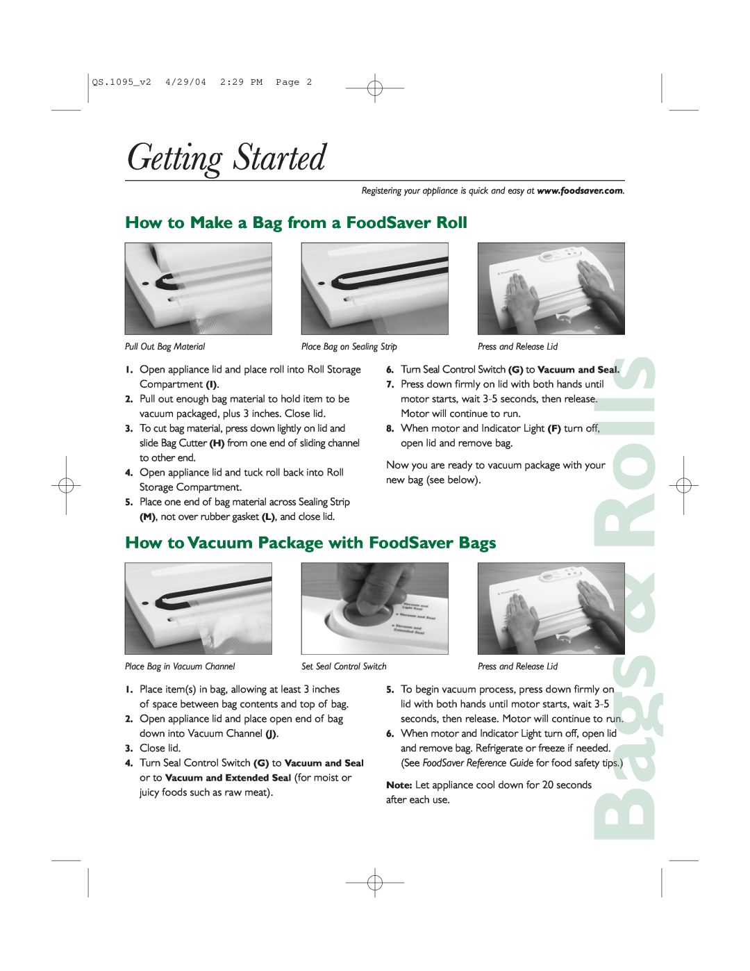 FoodSaver V1095 quick start Getting Started, How to Make a Bag from a FoodSaver Roll, Rolls 