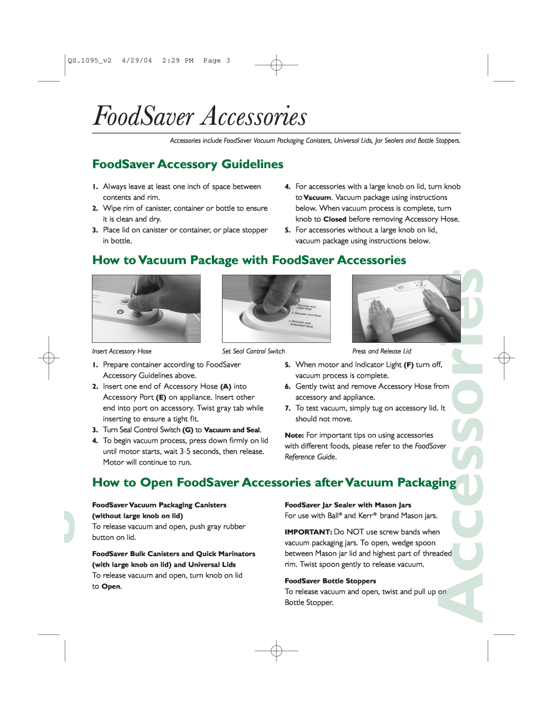 FoodSaver V1095 quick start FoodSaver Accessories, FoodSaver Accessory Guidelines 