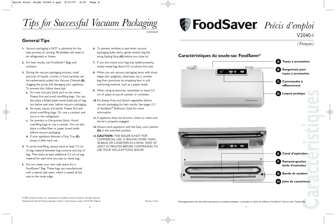 FoodSaver V2040-I quick start Tips for Successful Vacuum Packaging, General Tips, Caractéristiques du soude-sac FoodSaver 