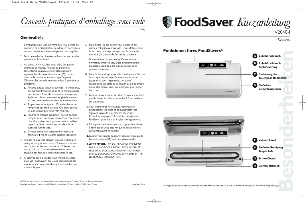 FoodSaver V2040-I quick start Généralités, Funktionen Ihres FoodSavers, Zubehörschlauch 