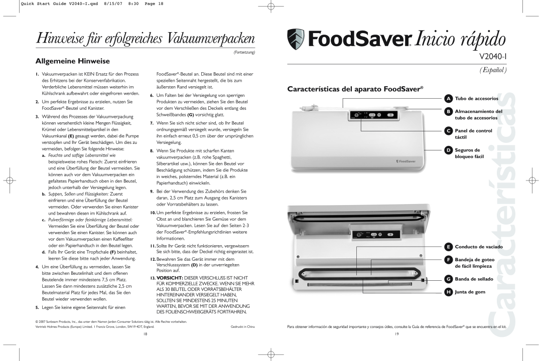 FoodSaver V2040-I Inicio rápido, Allgemeine Hinweise, Características del aparato FoodSaver, Tubo de accesorios, táctil 