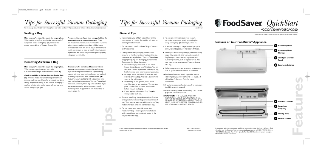 FoodSaver V2020 quick start Sealing a Bag, General Tips, Features of Your FoodSaver Appliance, Removing Air from a Bag 
