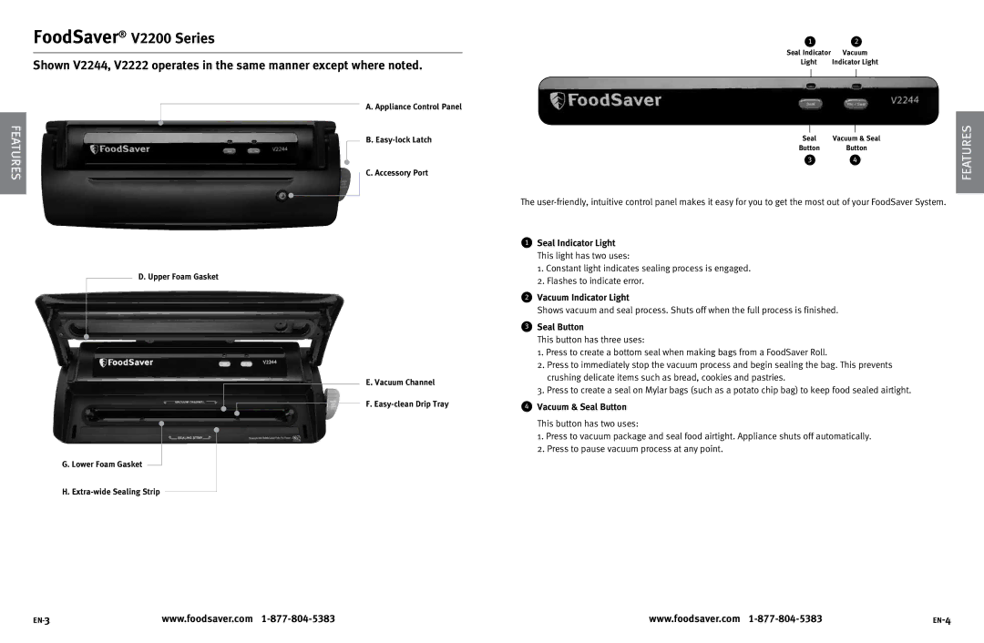 FoodSaver V2222 user manual FoodSaver V2200 Series, Furesat, Vacuum Indicator Light, Seal Button 