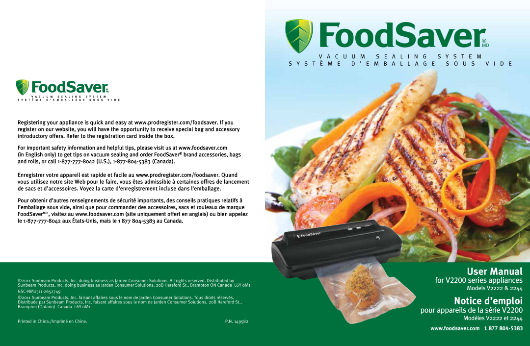 FoodSaver user manual Models, Modèles V2222 et, Notice d’emploi, for V2200 series appliances 