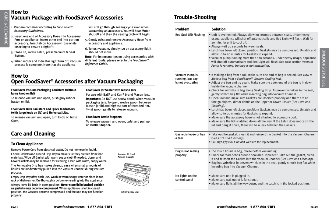 FoodSaver V2222 How to, Vacuum Package with FoodSaver Accessories, Trouble-Shooting, Care and Cleaning, shooting, trouble 