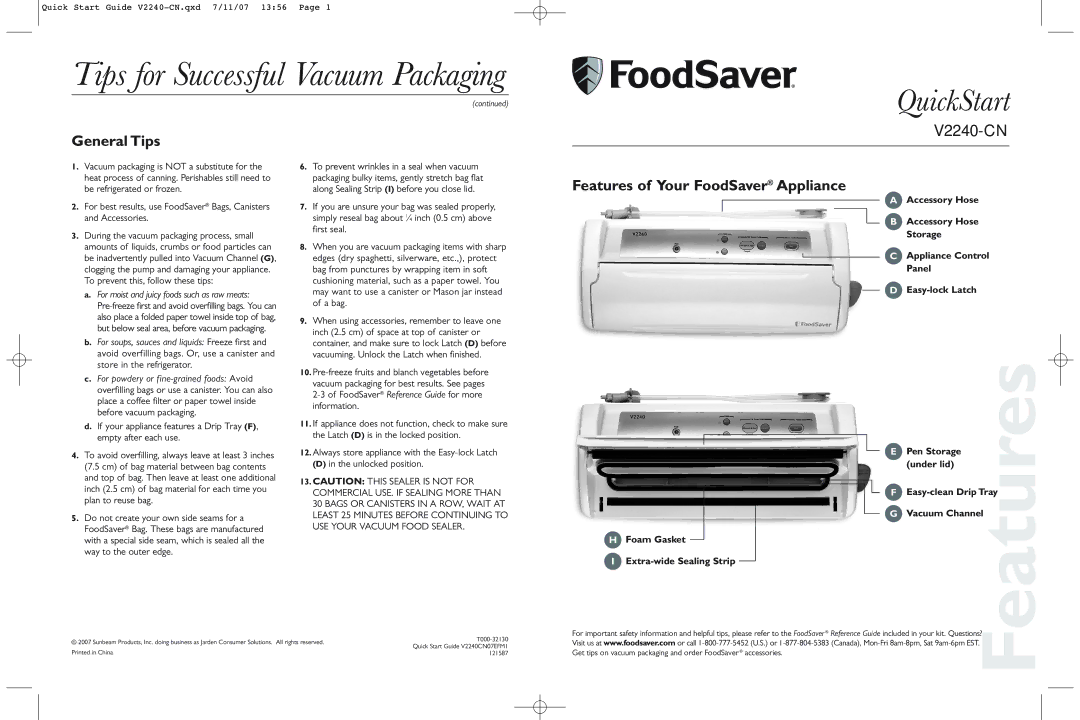 FoodSaver V2240-CN quick start Tips for Successful Vacuum Packaging, QuickStart, General Tips 