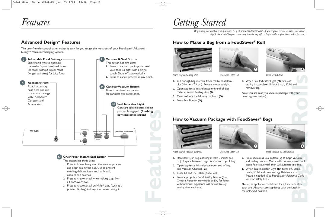 FoodSaver V2240-CN quick start Getting Started, Advanced DesignTM Features, How to Make a Bag from a FoodSaver Roll 