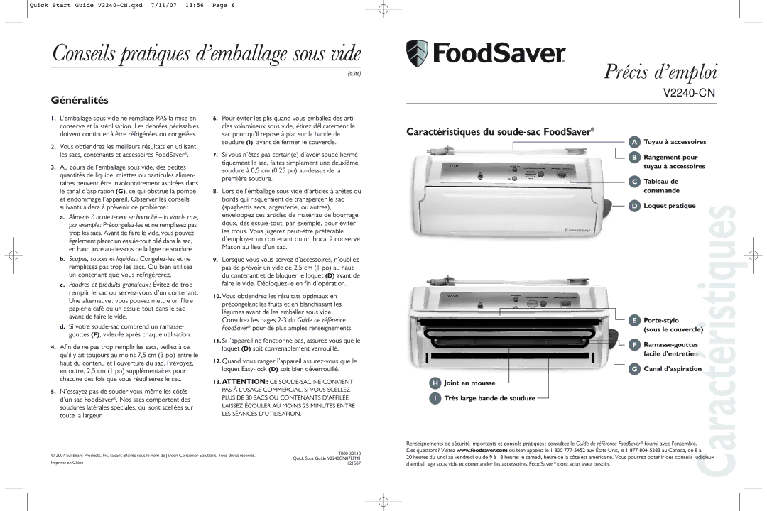 FoodSaver V2240-CN quick start Conseils pratiques d’emballage sous vide, Précis d’emploi, Généralités 