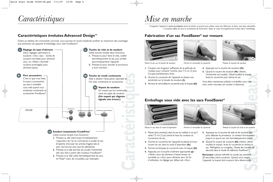 FoodSaver V2240-CN quick start Mise en marche, Caractéristiques évoluées Advanced DesignTM 