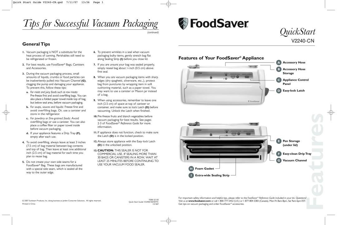 FoodSaver V2240-CN quick start Tips for Successful Vacuum Packaging, QuickStart, General Tips, Pen Storage, under lid 