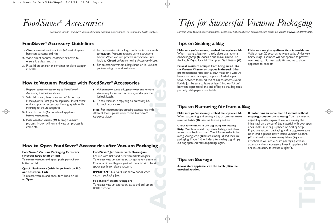 FoodSaver V2240-CN FoodSaver Accessory Guidelines, How to Vacuum Package with FoodSaver Accessories, Tips on Storage 