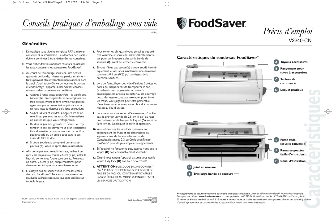 FoodSaver V2240-CN Conseils pratiques d’emballage sous vide, Précis d’emploi, Généralités, Tuyau à accessoires, Tableau de 