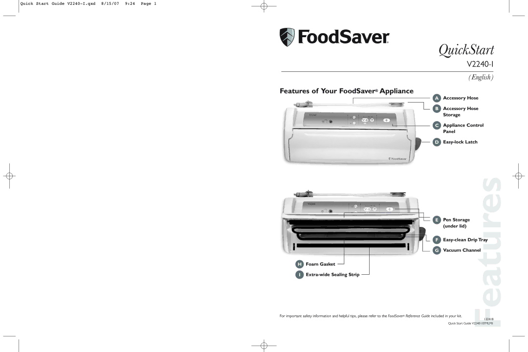 FoodSaver V2240-I quick start QuickStart, Features of Your FoodSaver Appliance 