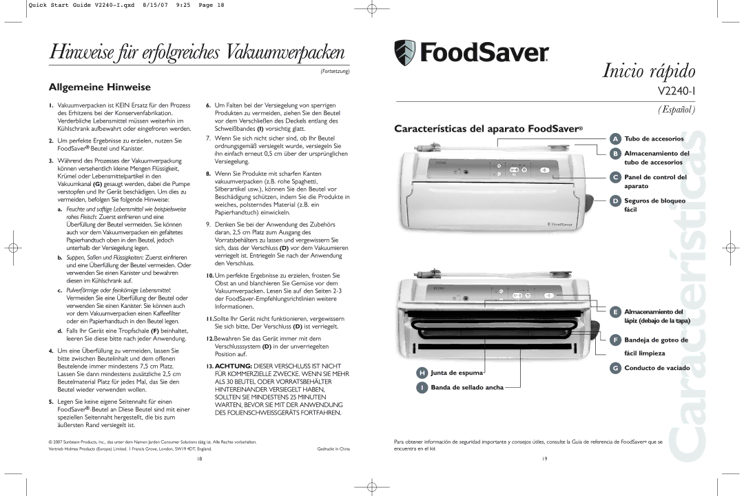 FoodSaver V2240-I quick start Inicio rápido, Allgemeine Hinweise, Características del aparato FoodSaver 