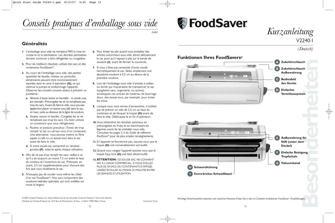 FoodSaver V2240-I Conseils pratiques d’emballage sous vide, Kurzanleitung, Généralités, Funktionen Ihres FoodSavers 